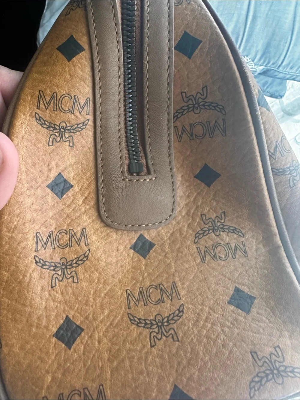MCM Visetos Cognac Logo Satchel with Brown Trim
